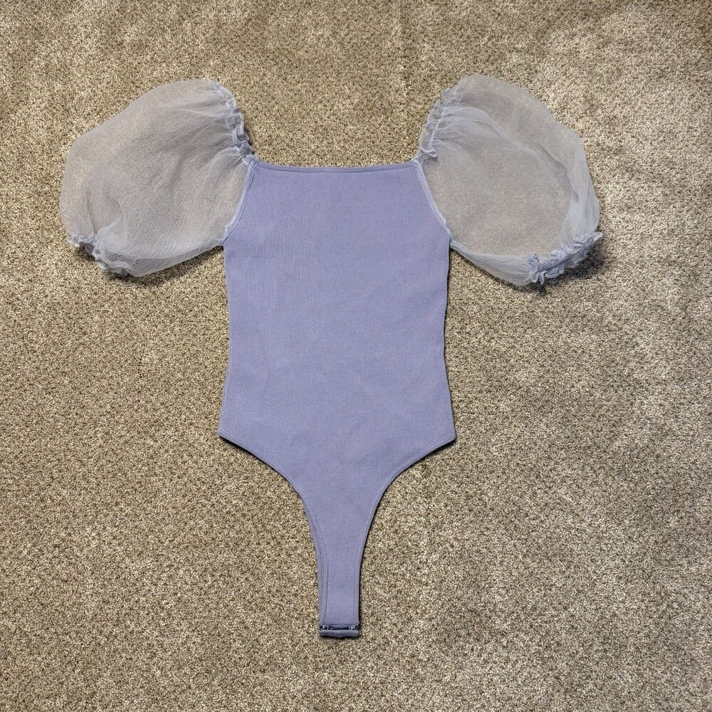 ASTR the Label Darling Sheer Puff Sleeve Ribbed Bodysuit Periwinkle Medium